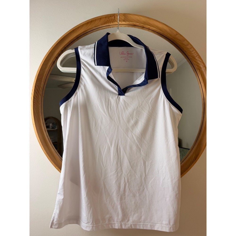 Lillie Green Polo Shirt Womens M White Excellent Sleeveless Navy Trim Golf Top
